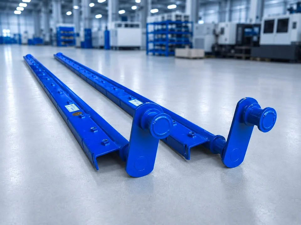 Blue finished rails and crank arms for agricultural machinery.