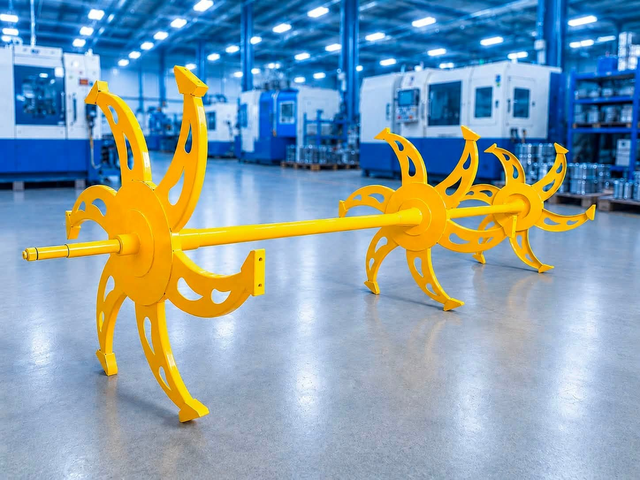 Yellow crop-handling rotor assemblies in the factory.