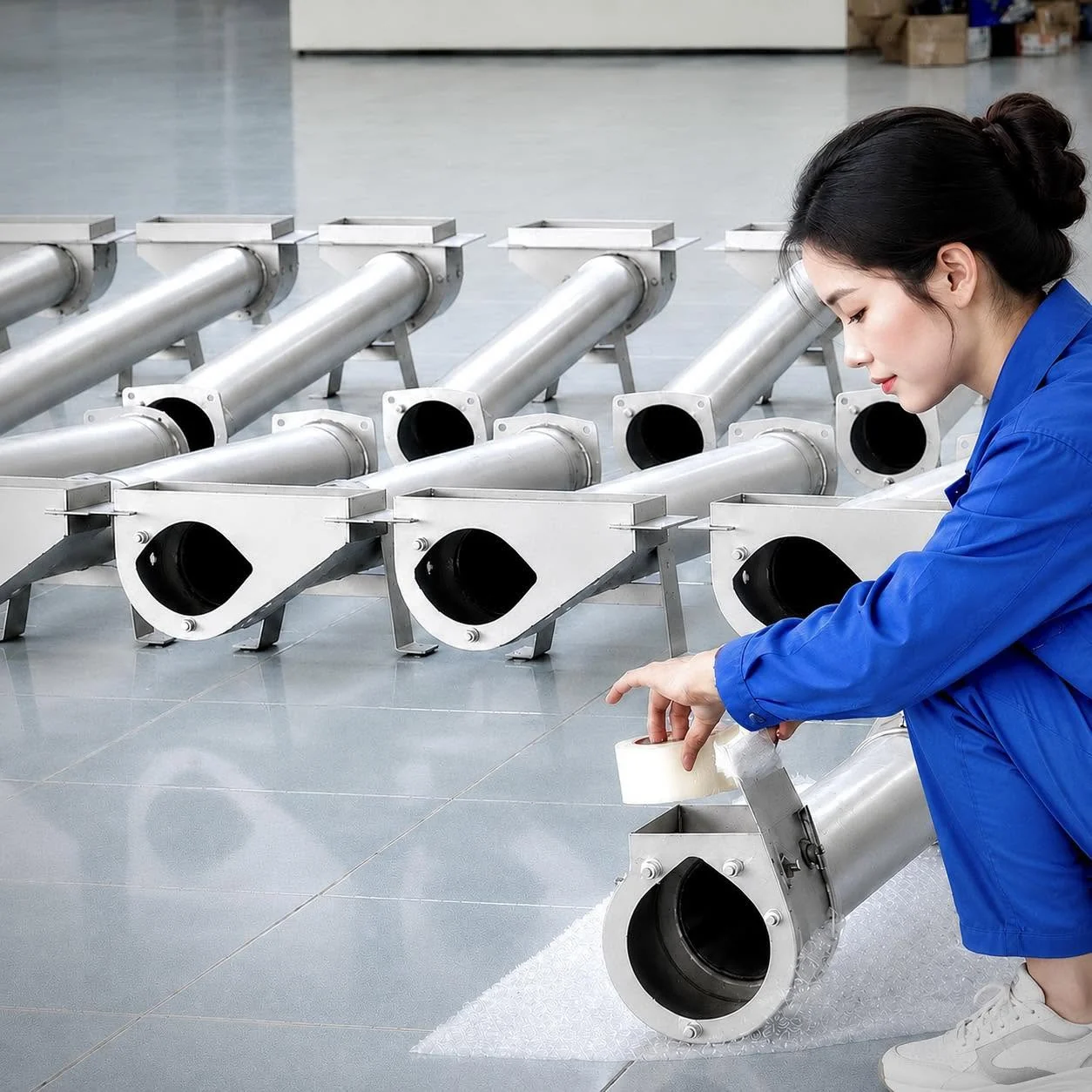 Technician protecting finished tubular assemblies for storage.